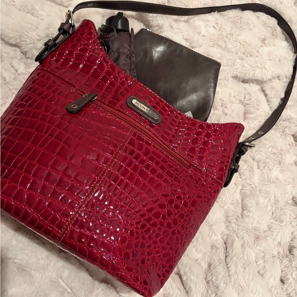 Croc-Embossed Red Shoulder Bag w/ Adjustable Strap, w/ Umbrella and Make-up Bag